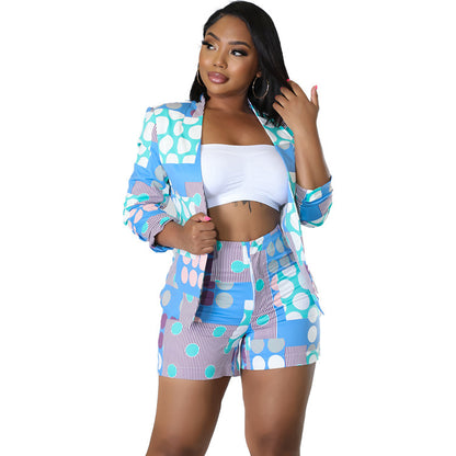 Conjunto informal de dos piezas para mujer: top de manga larga con solapa estampada y pantalones cortos de cintura alta
