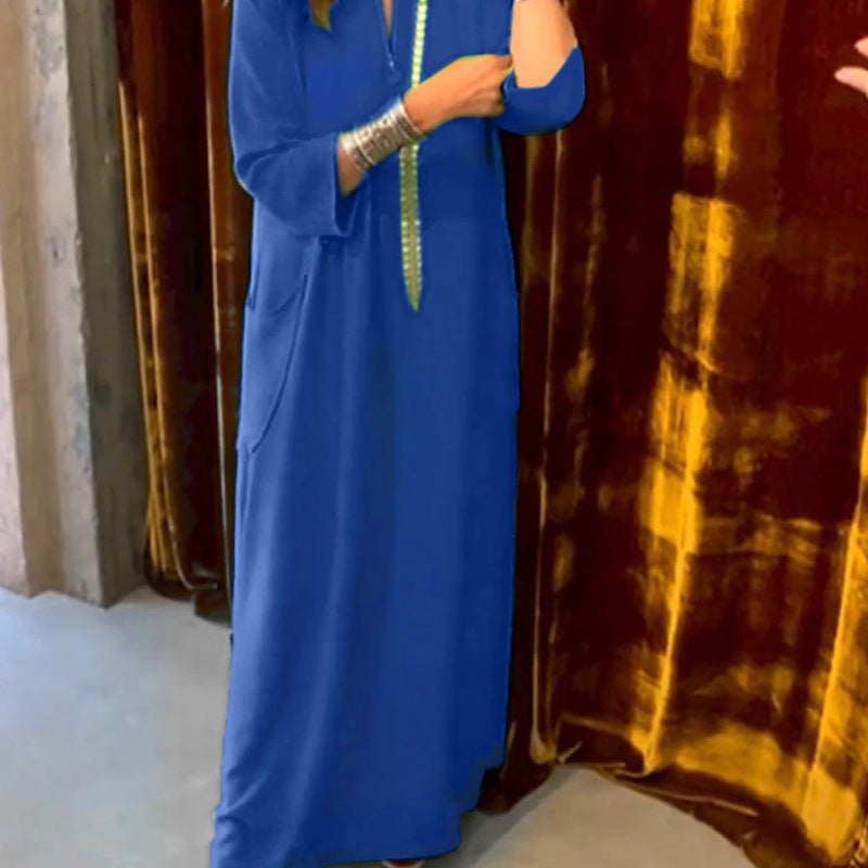 Vestido largo informal de oficina con bolsillos y escote en V, manga corta, holgado y elegante, de color liso, para mujer
