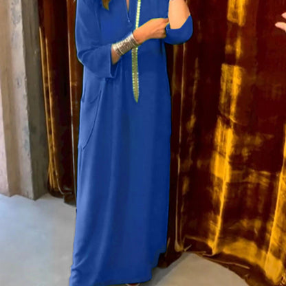 Vestido largo informal de oficina con bolsillos y escote en V, manga corta, holgado y elegante, de color liso, para mujer