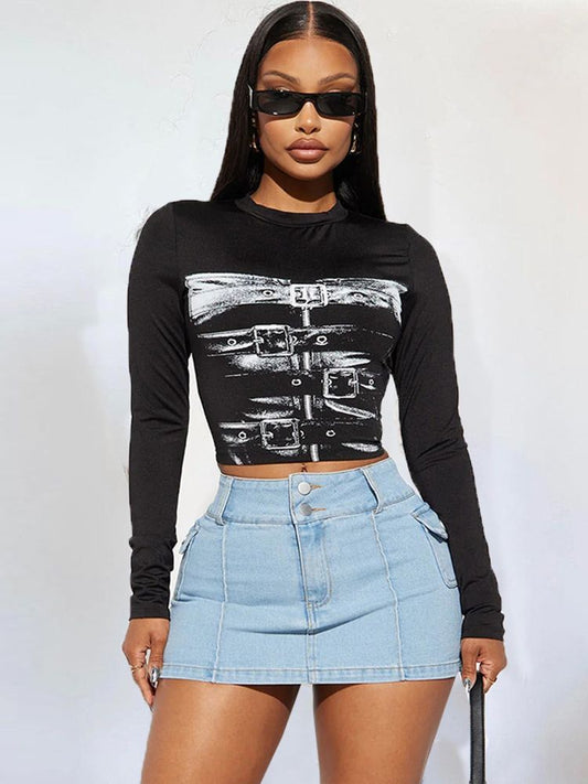 Conjunto de dos piezas con top y falda de manga larga y cuello redondo con estampado informal a la moda para mujer