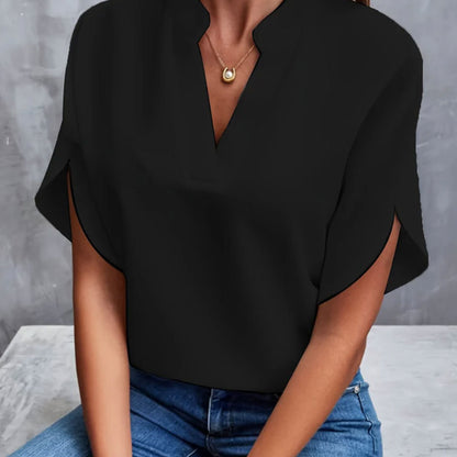 Women Summer V-Neck Shirt Solid Color Casual Short-Sleeved Pullover Office Blouse