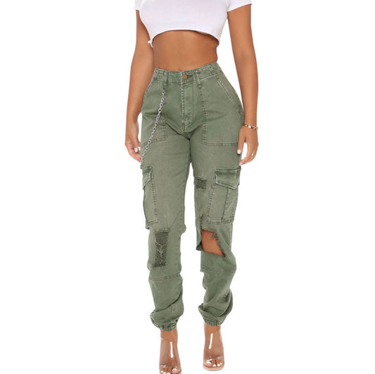 Pantalones rotos de cintura alta informales con estampado de camuflaje a la moda de verano para mujer