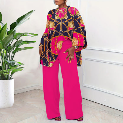 Conjunto de blusa y pantalones con estampado de talla grande informal holgado a la moda de primavera y otoño para mujer