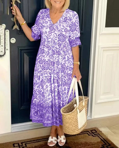 Women Fashion Casual Floral Printing V Neck Short Sleeve Dress