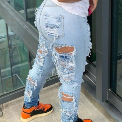 Vaqueros ajustados, rasgados y elásticos de cintura alta para mujer