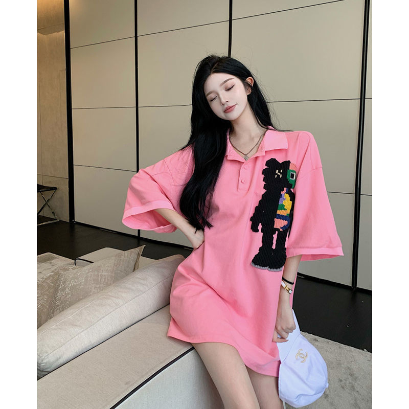 Women Casual Cute Cartoon Pattern Short Sleeve Lapel Dress