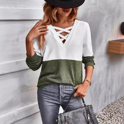 Camiseta informal de manga larga cruzada con cuello en V para mujer