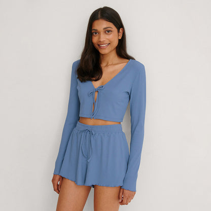 Conjunto de pijama informal de manga larga con tirantes y parte superior con pantalones cortos para el hogar para mujer