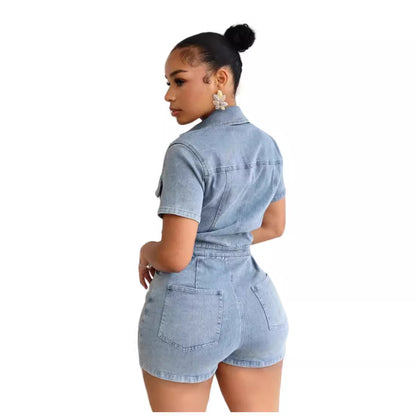 Women Fashion Casual Stretch Lapel Short Sleeve Denim Rompers
