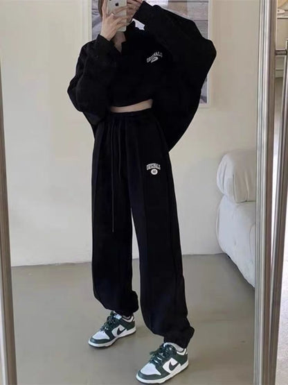 Women Fashion Casual Fleece-Lined Stand Collar Long-Sleeve Top Drawstring Pants Two-Piece Set