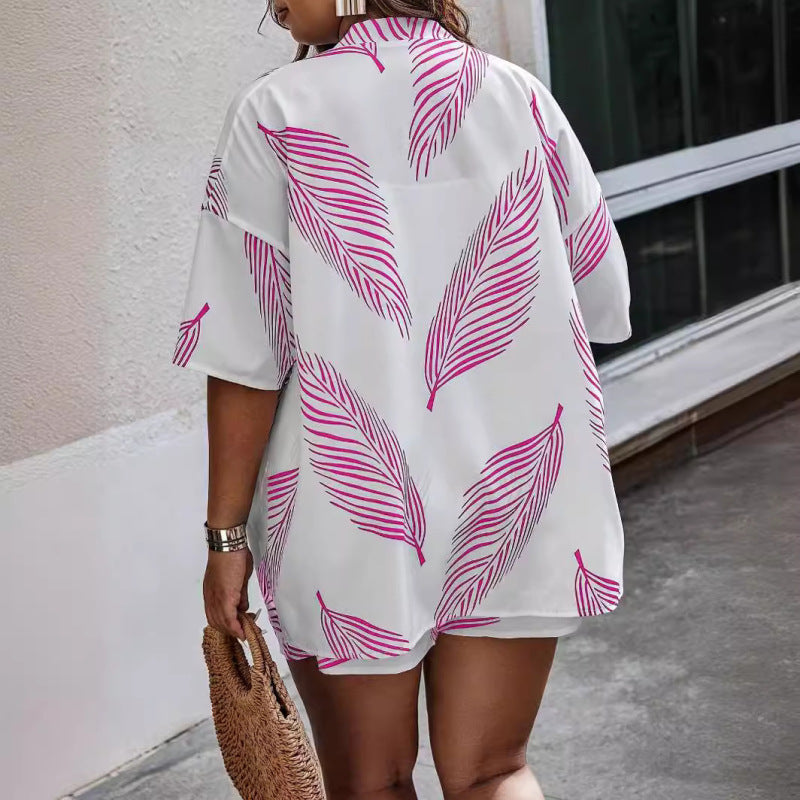 Conjunto de dos piezas formado por cárdigan de manga corta y pantalón corto, estampado de hojas, informal, para mujer