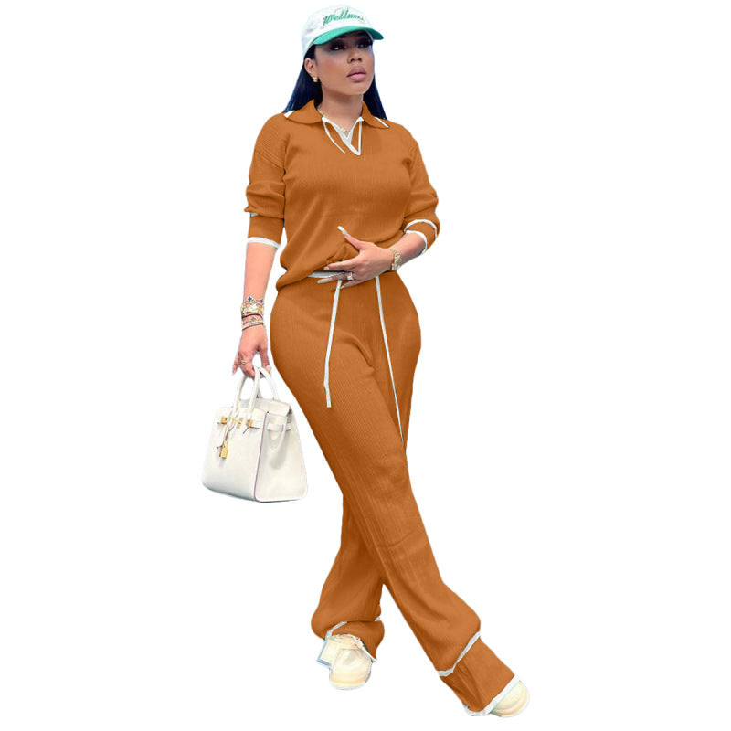 Conjunto de dos piezas de top de punto informal de manga larga y pierna ancha para mujer