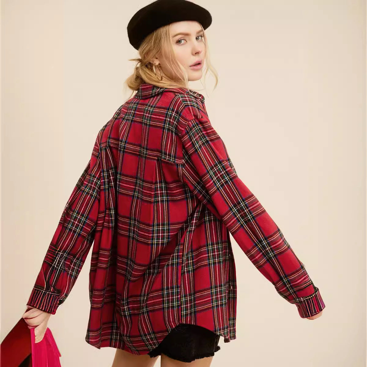 Chaqueta informal a cuadros con bolsillo de láser y botonadura sencilla para mujer