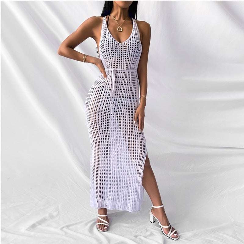 Vestido largo playero de punto calado, informal, de color liso, para vacaciones, para mujer