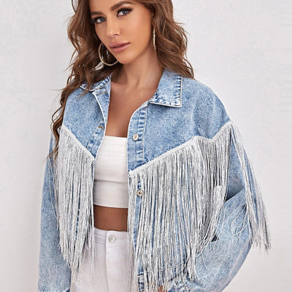 Chaqueta vaquera informal con borlas para mujer