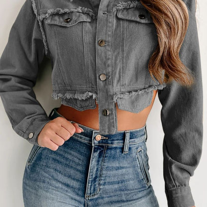 Women Fashion Casual Lapel Short Fringed Denim Coat