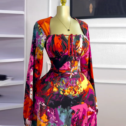 Women Fashion Casual Floral Printed Square Neck Long Sleeve High Waist Dress