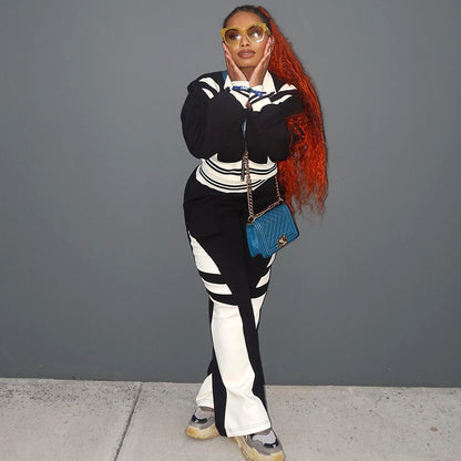 Athleisure Women Autumn Winter Contrast Color Casual Zipper Sweatshirt Wide Leg Pants Two-Piece Set