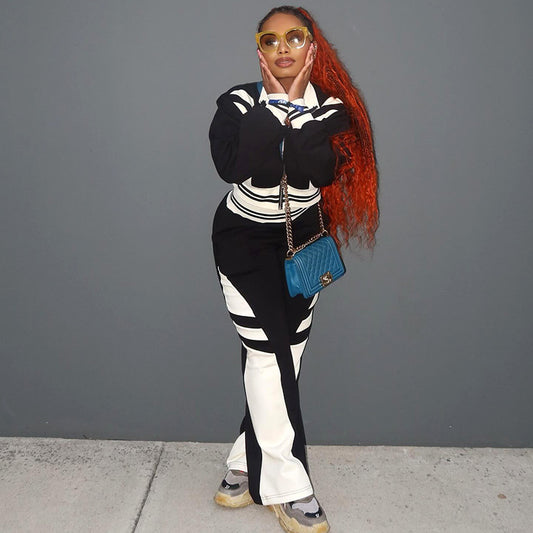 Conjunto deportivo de dos piezas para mujer, otoño-invierno, con sudadera y pantalones anchos, informal, con cremallera y contraste de colores