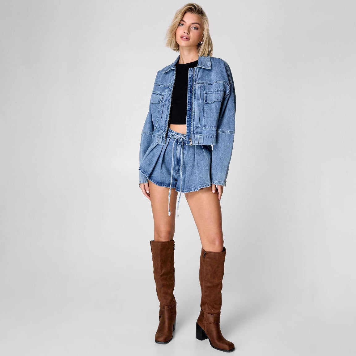 Conjunto de dos piezas informal de mezclilla con solapa, manga larga, cremallera y cintura alta para mujer