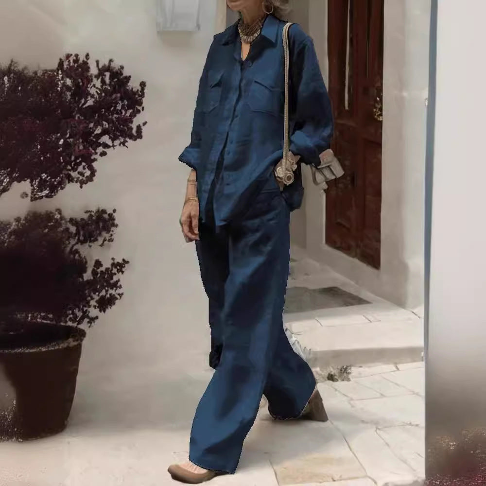 Conjunto de dos piezas de camisa y pantalones holgados de manga larga de color liso para mujer