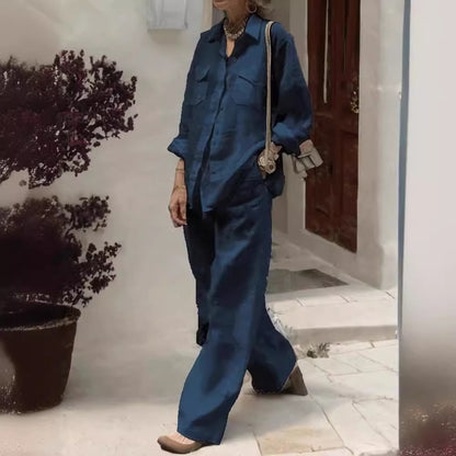 Conjunto de dos piezas de camisa y pantalones holgados de manga larga de color liso para mujer