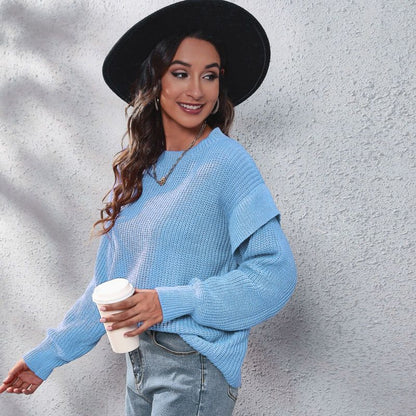 Women Casual Solid Color Round Neck Long-sleeved Loose Knitted Sweater