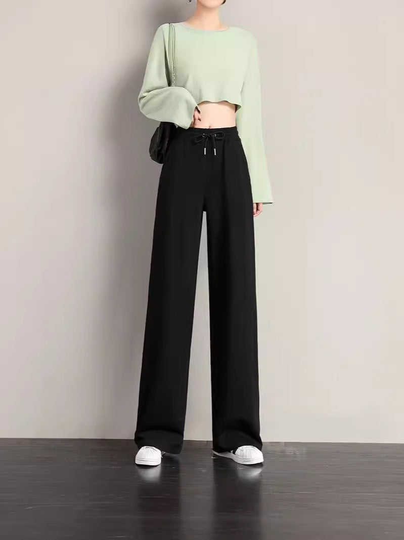 Women Casual Solid Color Drawstring Loose Wide Leg Pants