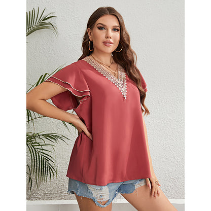 Blusa informal de verano con encaje rojo parduzco, cuello en V, holgada, con volantes y manga corta, talla grande para mujer