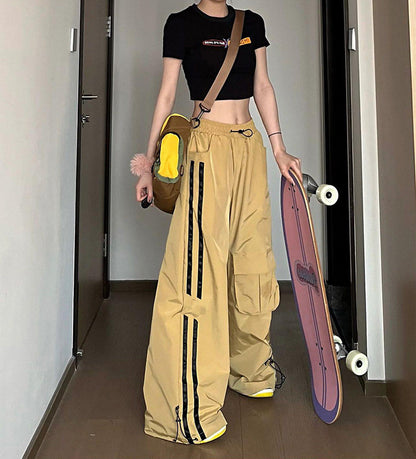 Vintage Casual Pants Women'S Short Summer Distinctive Straight Wide Leg Pants Loose High Waist Sports Pants