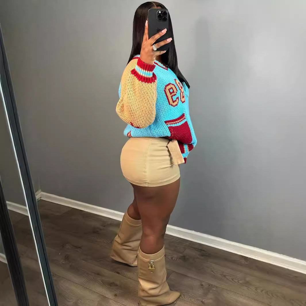 Women Fashion Long Sleeve Pocket Letter Zipper Casual Sweater