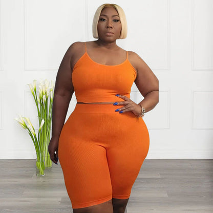 Plus Size Women Athleisure Casual Sports Two-Piece High Elastic U-Shaped Sleeveless Camis Shorts Set