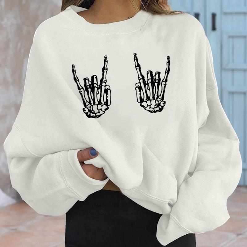 Sudadera holgada informal de moda con estampado de mano de esqueleto para mujer