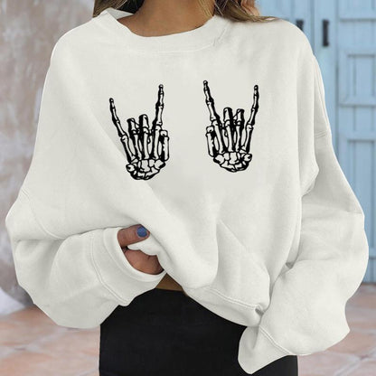 Sudadera holgada informal de moda con estampado de mano de esqueleto para mujer