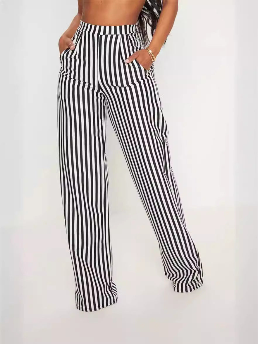 Women Casual Stripe Printed High Waist Straight Leg Pants