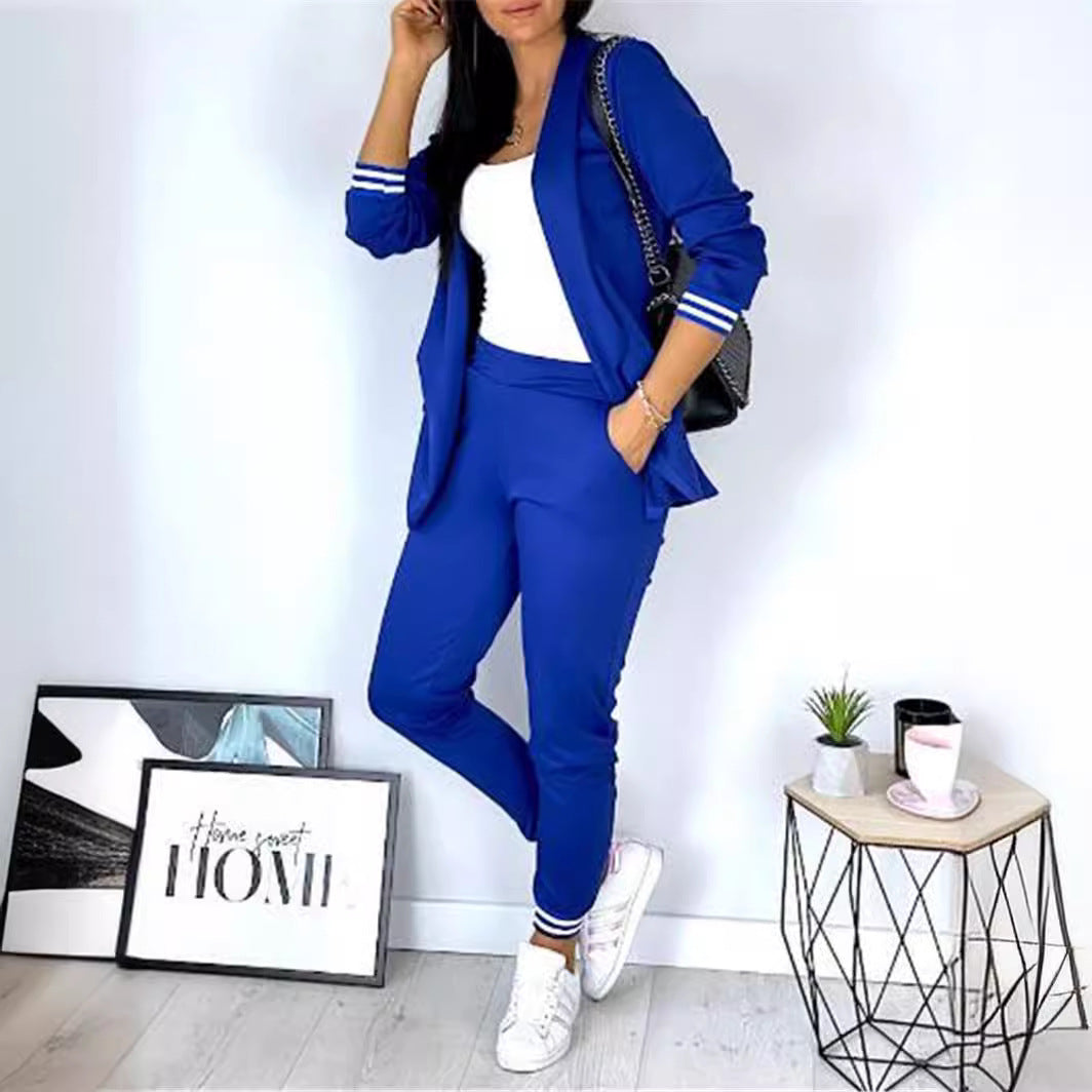 Conjunto de dos piezas formado por chaqueta y pantalón, manga larga, color liso, informal, a la moda para mujer