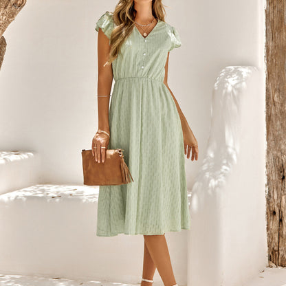 Women Casual Solid Color V-Neck Defined Waist Dress