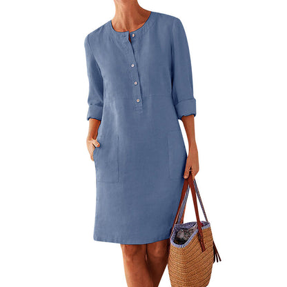 Women'S Casual Solid Color Round Neck Long Sleeve Dress