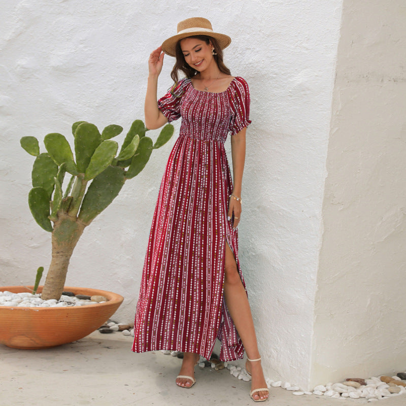 Women Summer Fashion Simple Stripe Printed Slit Waist One-Shoulder Short-Sleeved Casual Dress