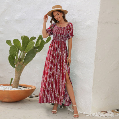 Women Summer Fashion Simple Stripe Printed Slit Waist One-Shoulder Short-Sleeved Casual Dress