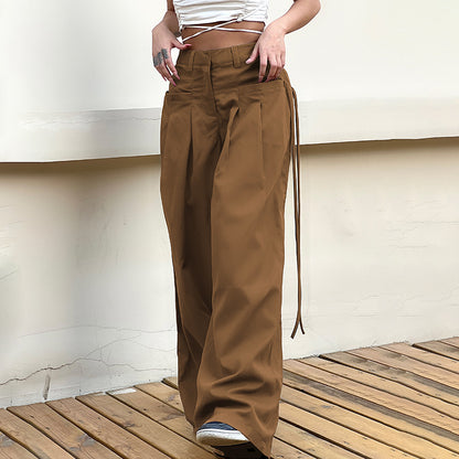 Women Solid Color Low Rise Pocket Loose Fashion Casual Pants