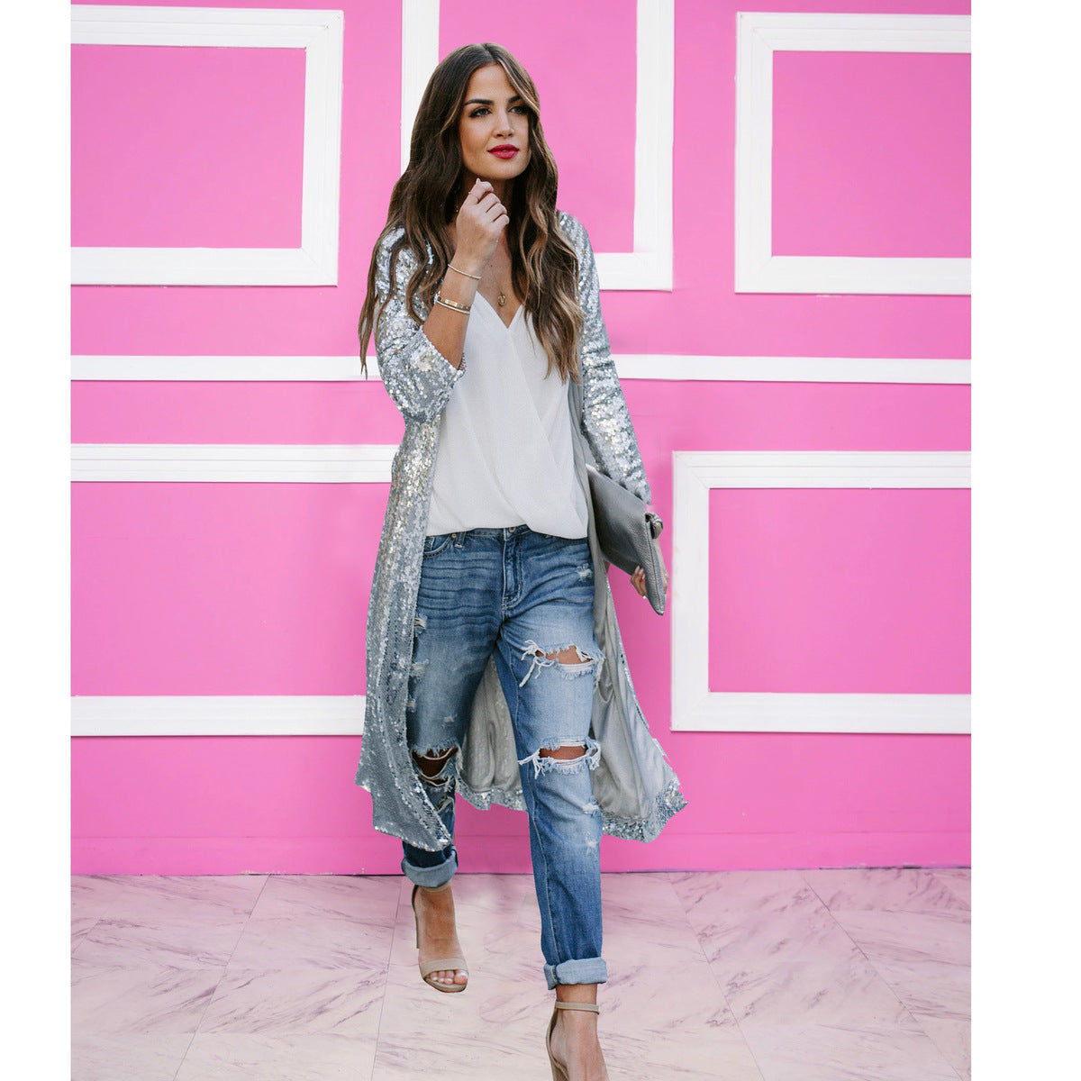 Chaqueta larga informal con lentejuelas plateadas y cinturón para mujer
