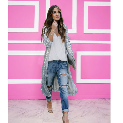 Chaqueta larga informal con lentejuelas plateadas y cinturón para mujer