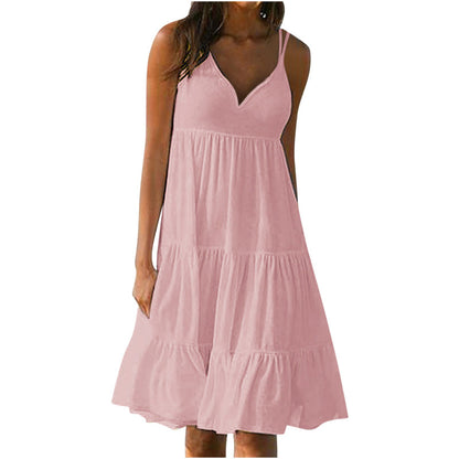 Vestido holgado informal de verano para mujer, con escote en V y tirantes finos, color liso