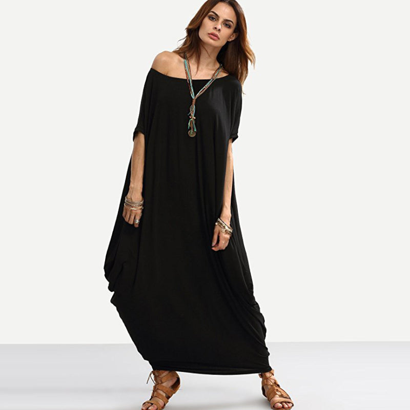 Women Fashion Casual Loose Solid Color Maxi Dress