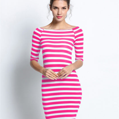 Vestido midi informal de otoño con hombros descubiertos y rayas entallado para mujer