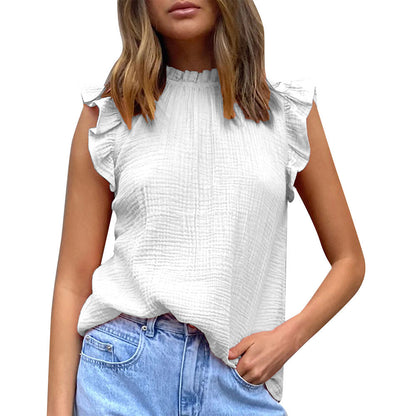 Blusa informal de gasa sin mangas con volantes y costuras de color liso para mujer