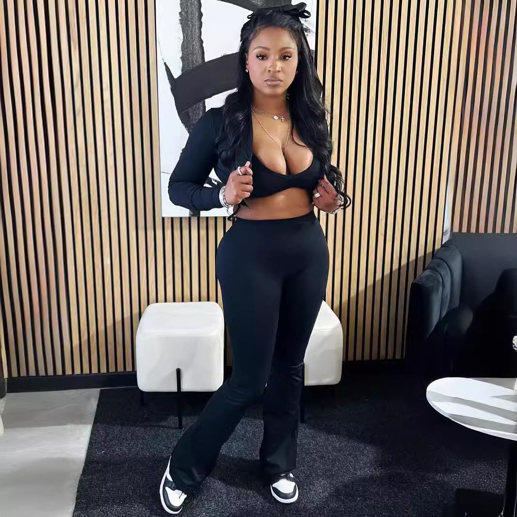 Women Fashion Casual Solid Color Camisole Long Sleeve Cardigan Top Tight Pants Three-Piece Set