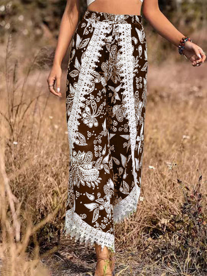 Women'S Fashion Vintage Boho Casual Paisley Printing Lace Tassel Loose Trousers Pants