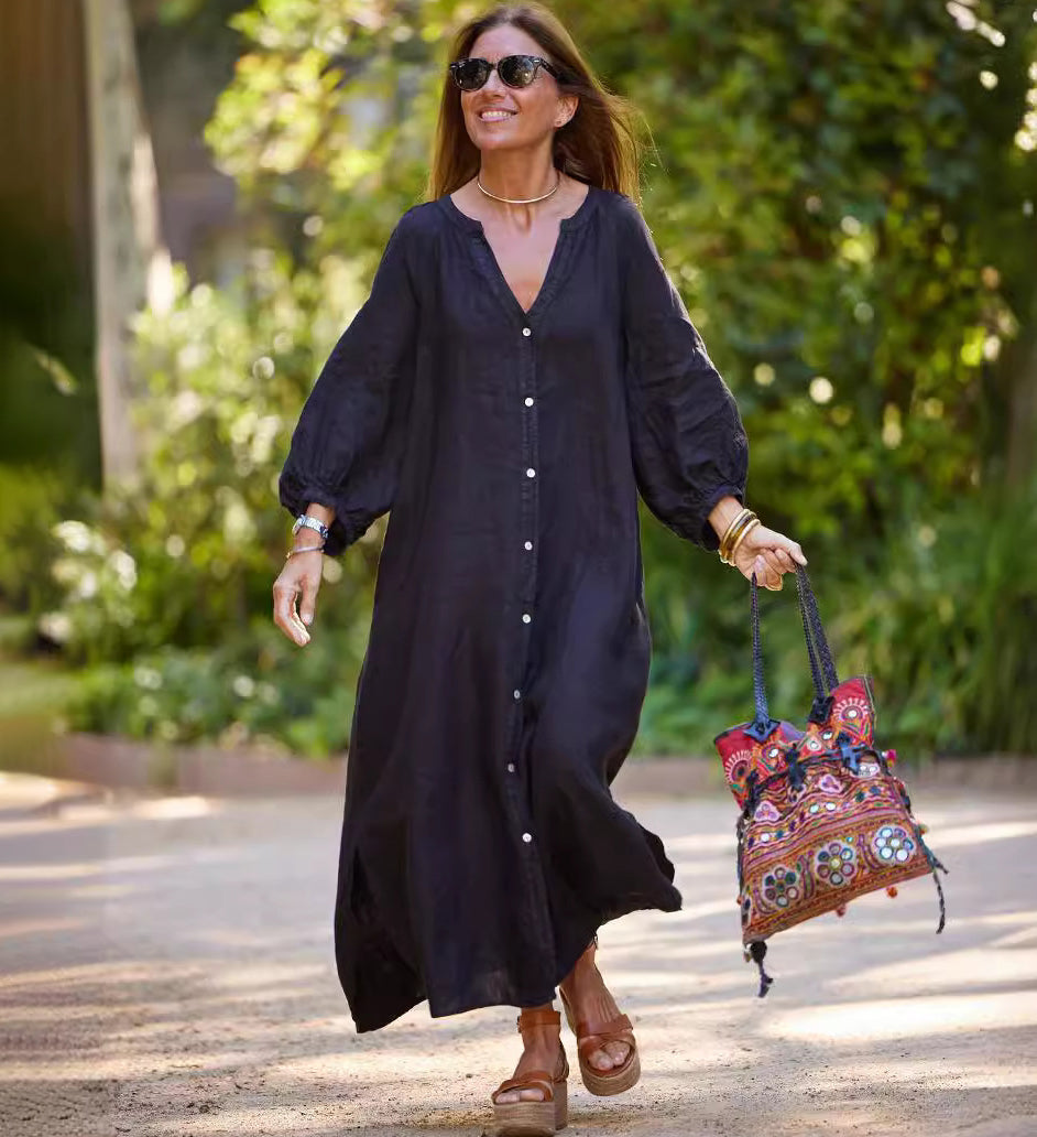 Vestido largo informal de lino y algodón con mangas largas para mujer
